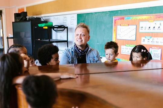 Teacher with students around a piano